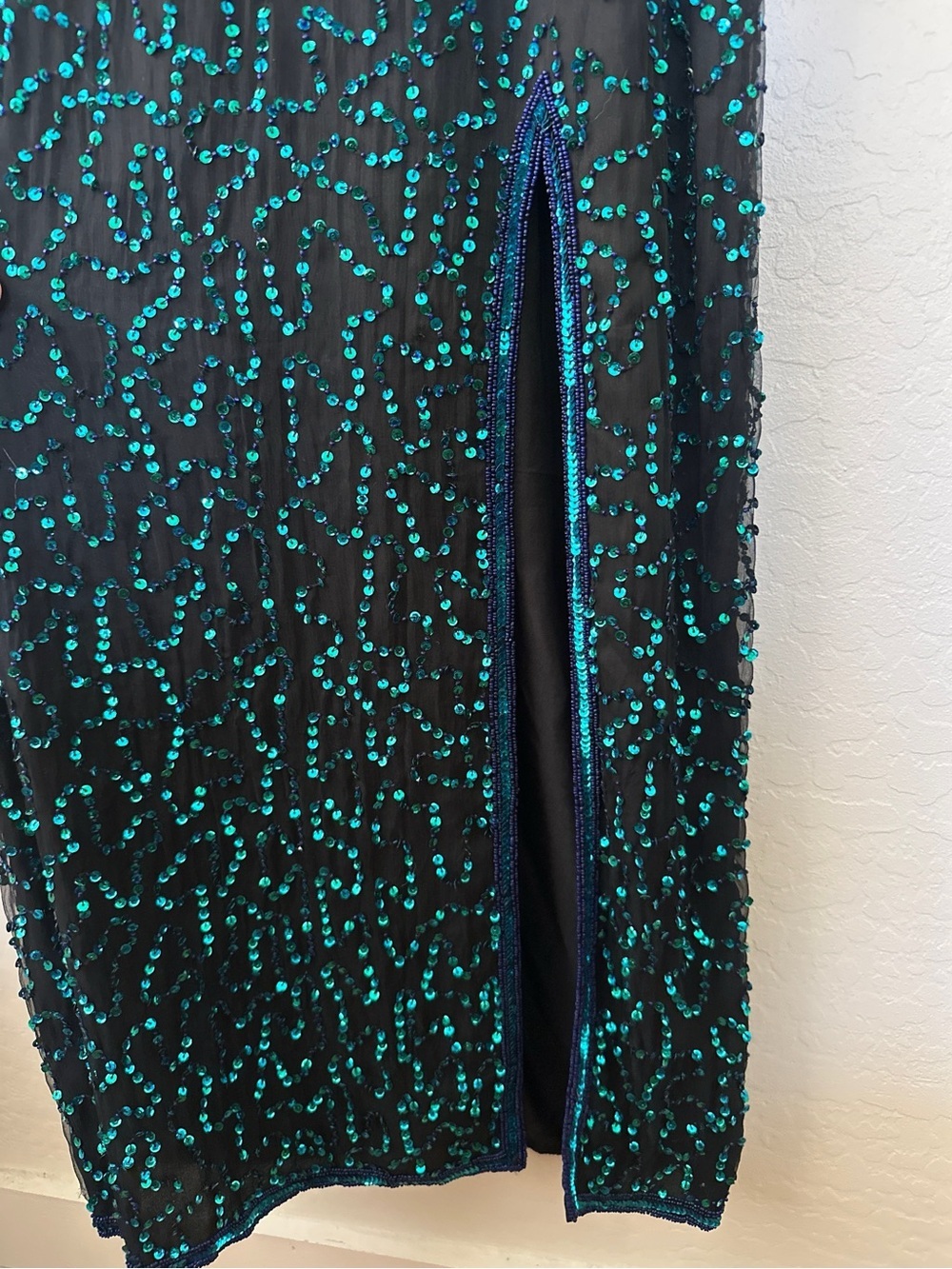 Vintage Laurence Kazar Black Silk Sequin Front Slit Halter Formal Gown, L - Picture 4 of 11